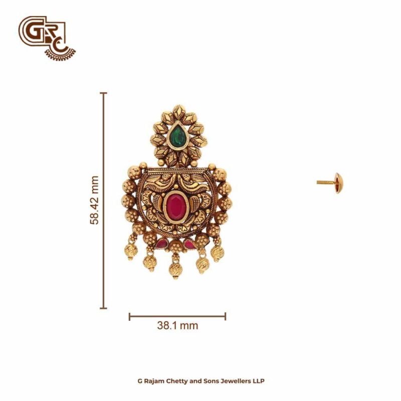 Half Circle Floral Green and Red Stone Model 22K Gold Stud