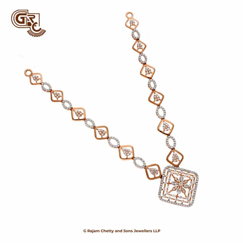 Square Glass Gleaming Stone Rose Gold 18K Stud With Necklace