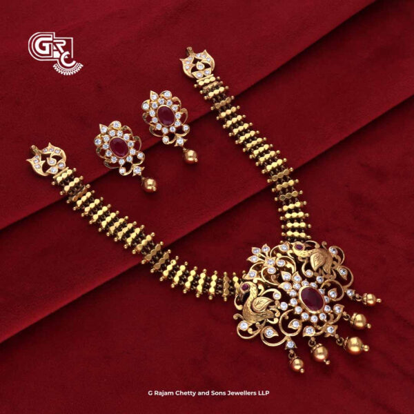 Gold Beads Kamalam Ruby Stone Luxury Stud and Necklace
