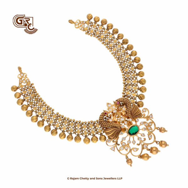 Gold Beads Kamalam Green Stone Luxury Stud and Necklace