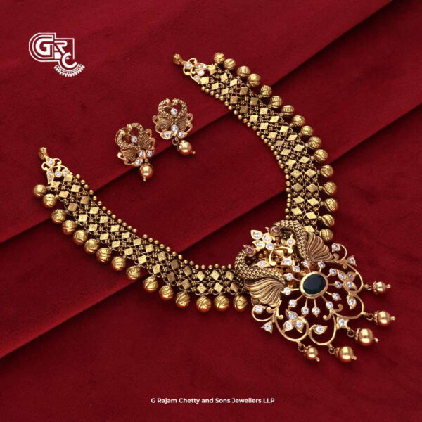 Gold Beads Kamalam Green Stone Luxury Stud and Necklace
